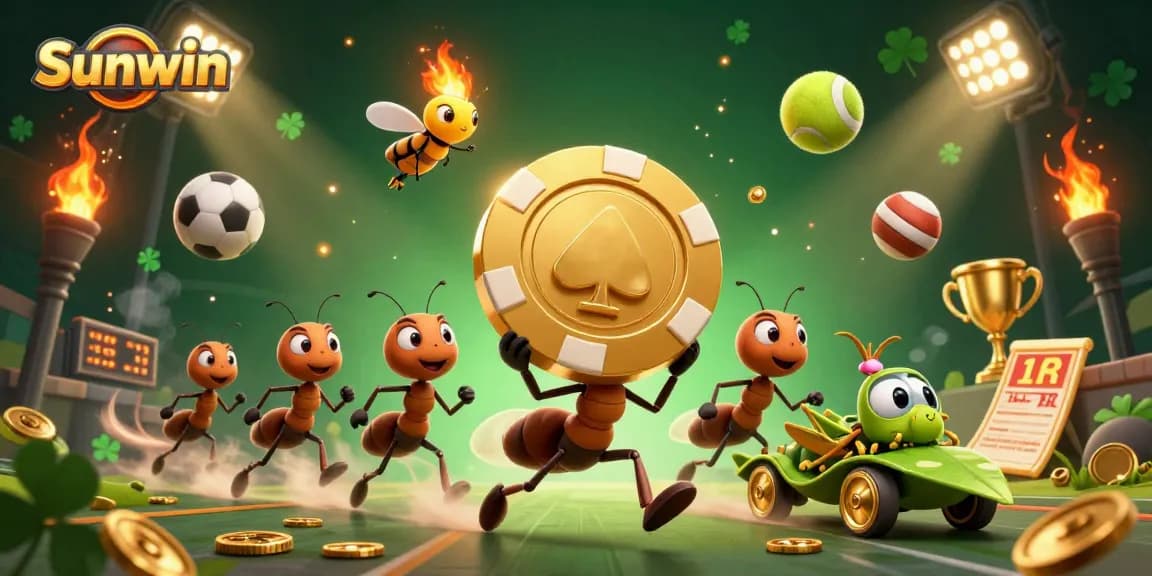 Sunwin ants execute a heist for a giant poker chip in a vibrant casino scene.
