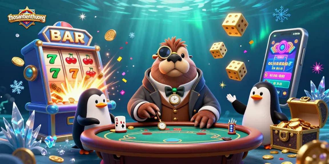 Engage in thrilling gameplay at thosantienthuong, featuring a lively underwater casino scene with a walrus and penguin.