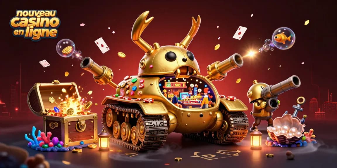 Image illustrant un nouveau casino en ligne à l'intérieur d'un tank doré, avec des éléments de jeu variés.