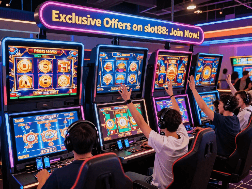 Pengalaman bermain slot88 di kasino online dengan pemain antusias dan tampilan permainan berwarna-warni.
