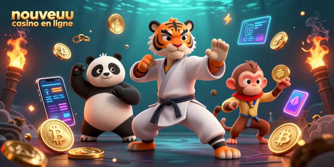 Découvrez un nouveau casino en ligne avec un tigre maître kung fu et des éléments de jeu numériques animés.
