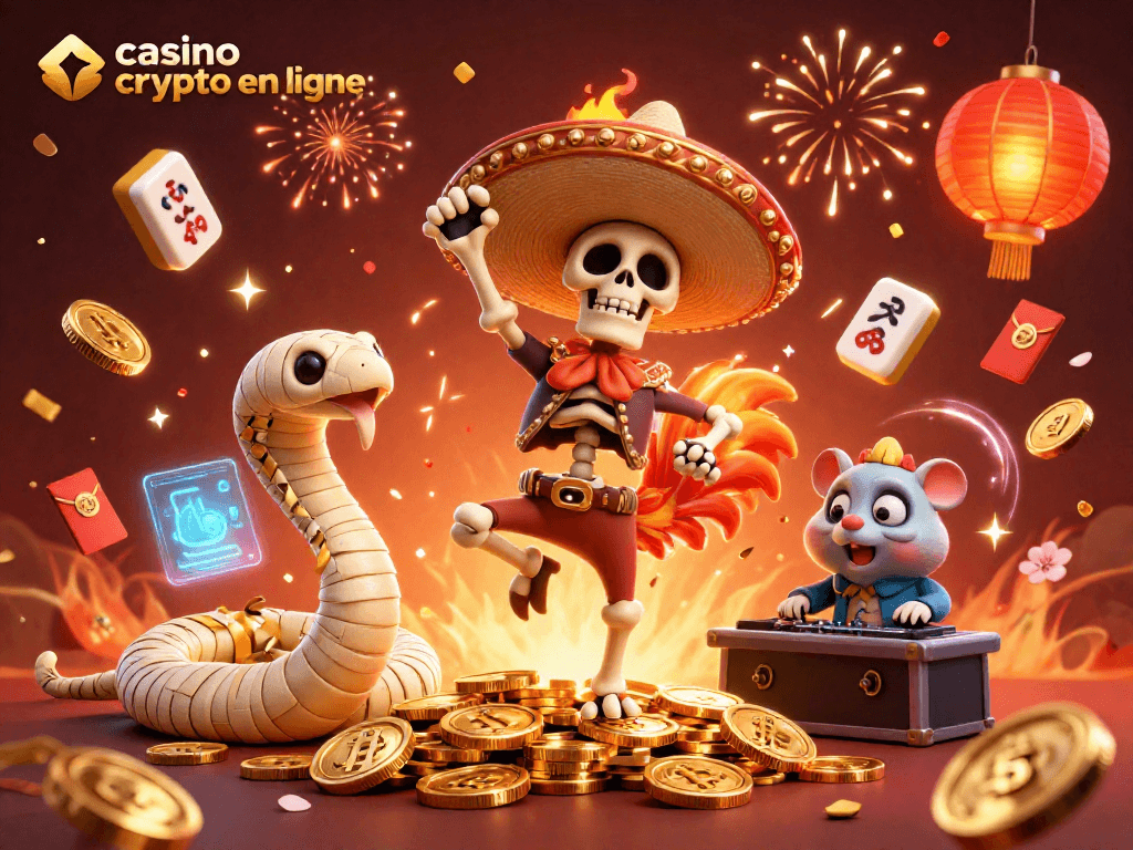 Jouez sur un casino crypto en ligne avec une scène festive présentant un rooster mariachi dans une ambiance colorée