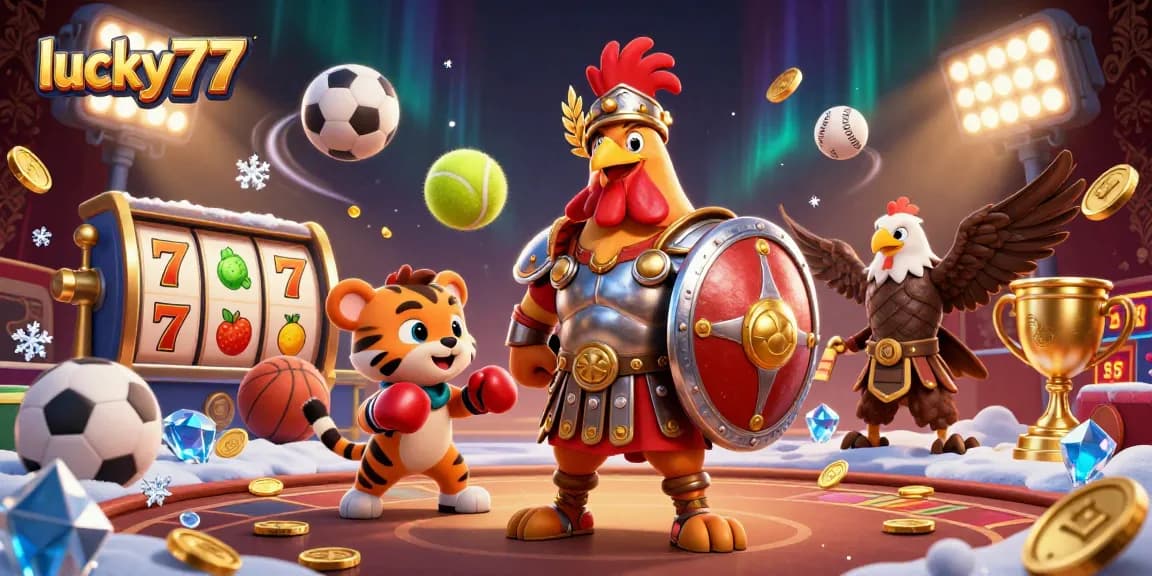 Engage in the lucky77 casino adventure with a gladiator rooster and dynamic gaming elements.