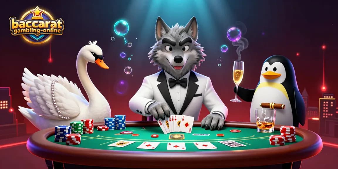 Baccarat-gambling-online features a wolf, swan, and penguin at a vibrant table, showcasing thrilling gameplay.