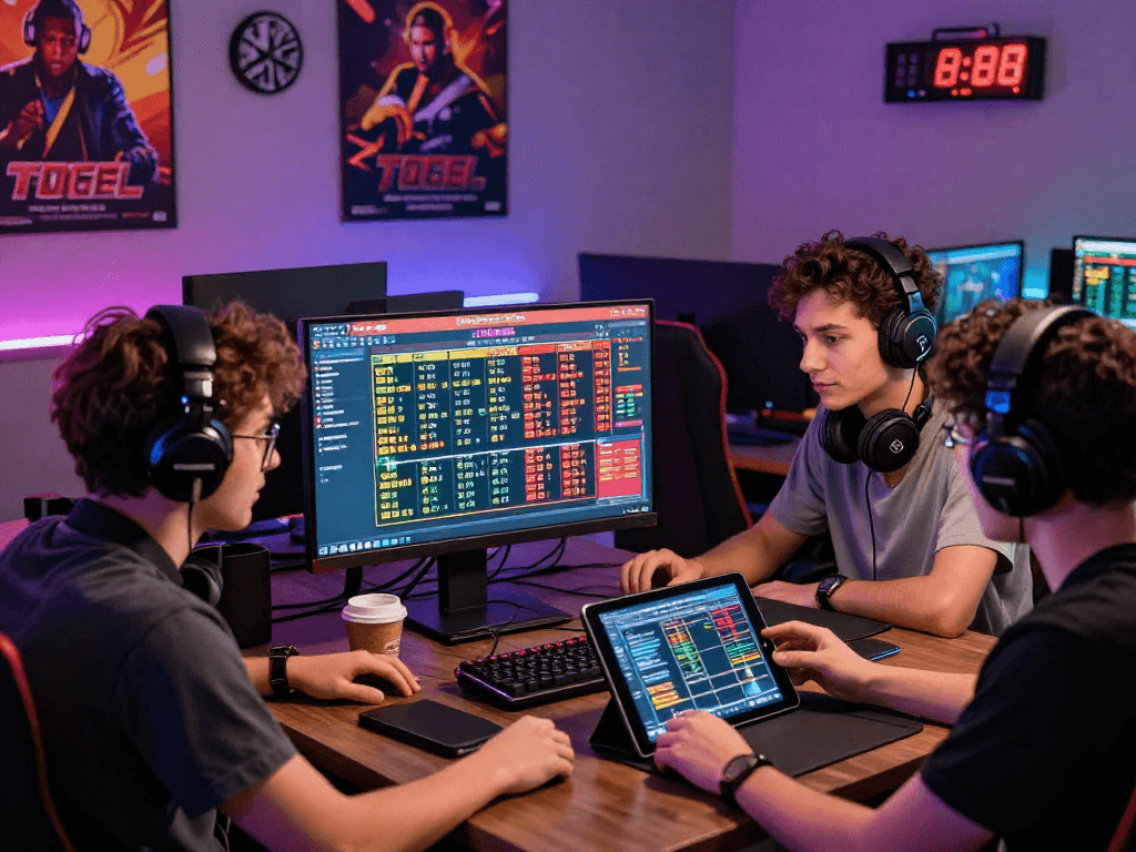 Engaging players analyzing togel statistics on a computer, showcasing Dewatogel's interactive online gaming experience.