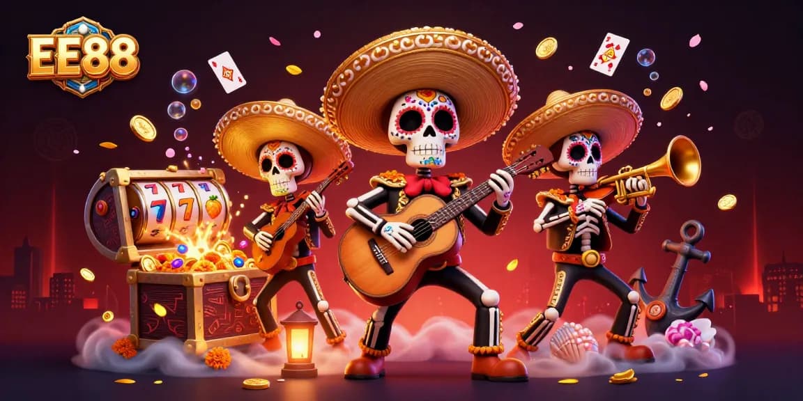 Experience the vibrant EE88 casino scene with a mariachi band amidst spinning slot reels and treasures.