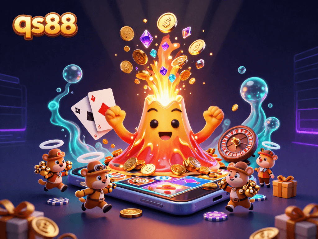 Engage in thrilling gameplay with qs88, where a golden volcano erupts coins and treasures amidst exciting casino elements.