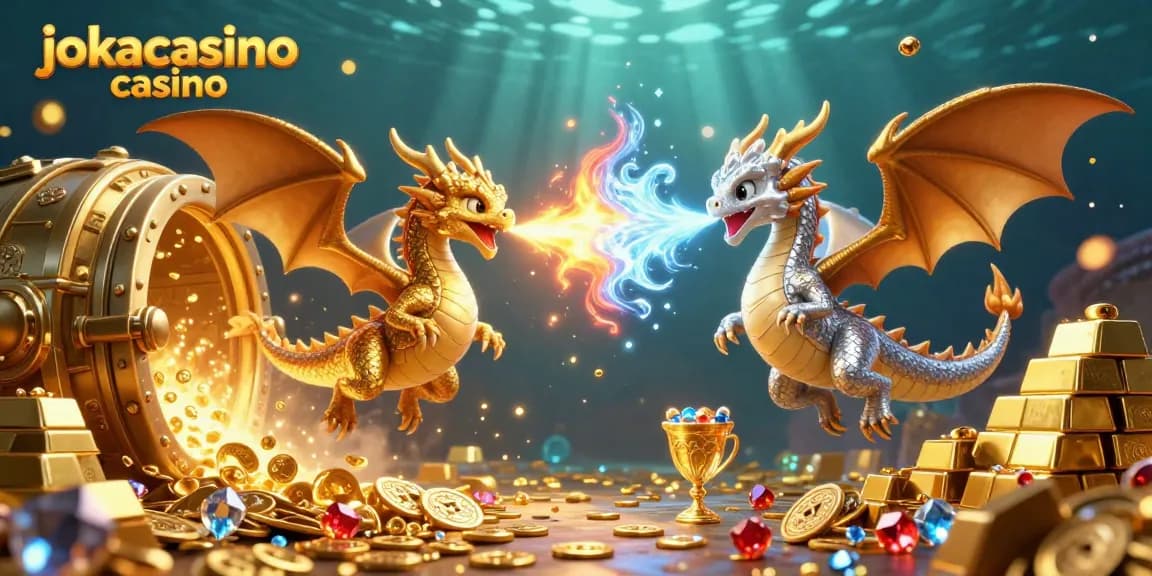 Play at jokacasino casino with dynamic dragons and treasure in a vibrant 3D illustration.