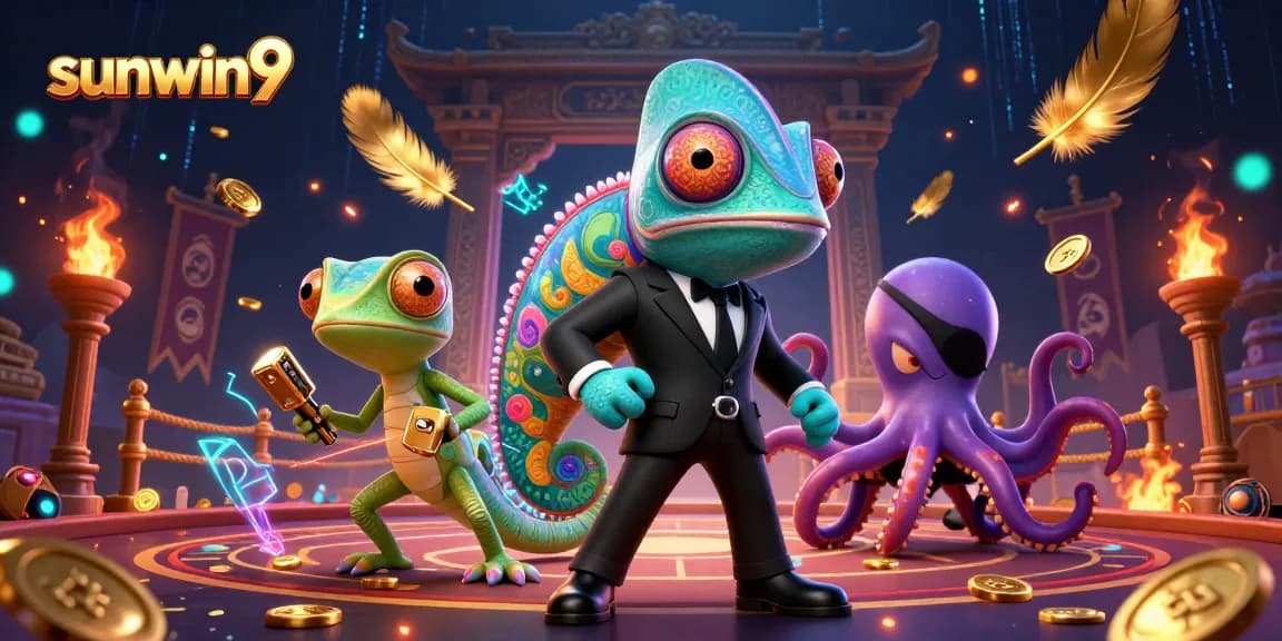 Engage with sunwin9's dynamic casino world featuring a secret agent chameleon and golden elements.