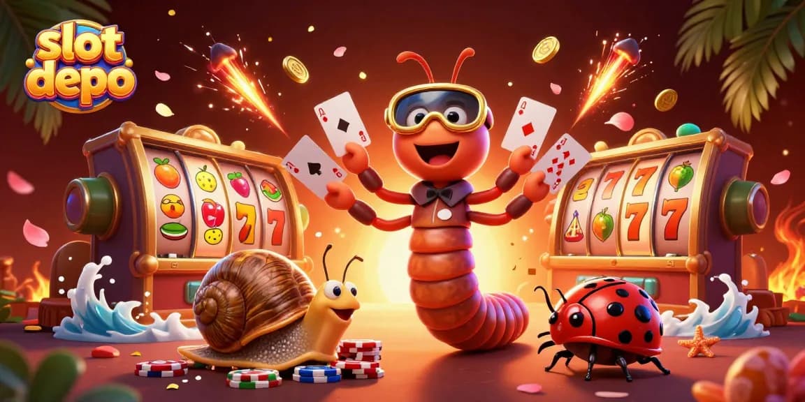 Permainan slot depo dengan dealer unik, ceria, dan simbol keberuntungan mengelilingi suasana kasino.
