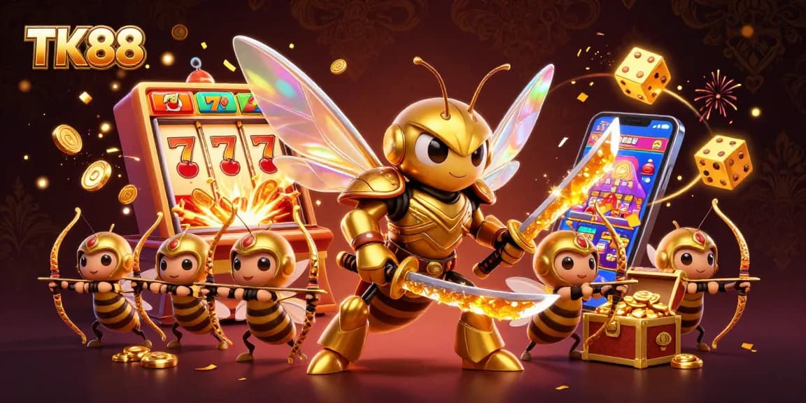 Join the excitement at TK88 with a golden hornet warrior amidst jackpots and thrilling casino action.