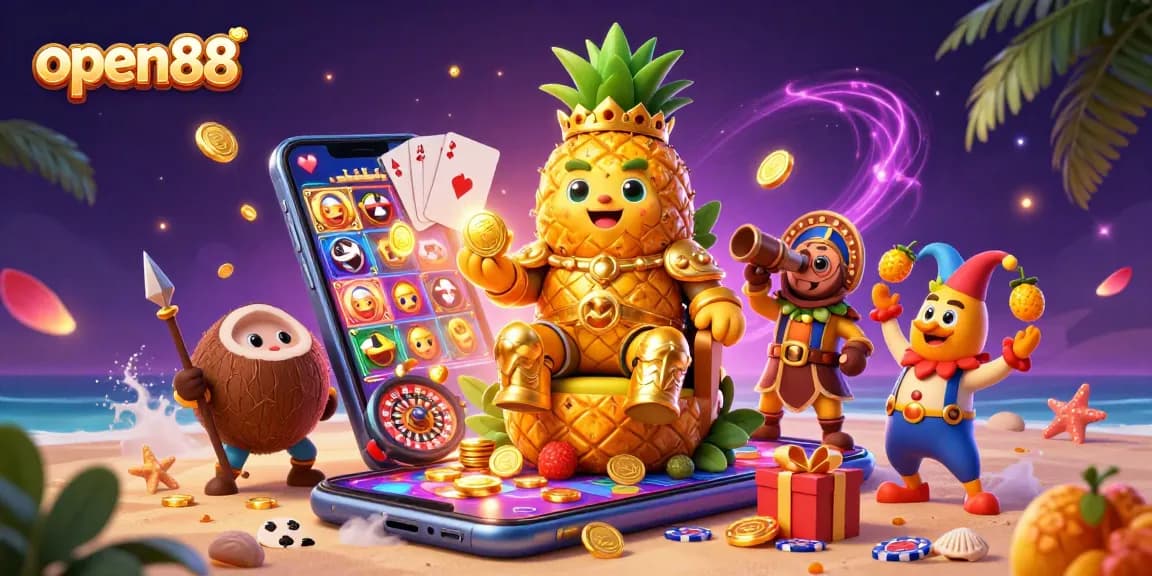 Experience the vibrant open88 casino world with a golden pineapple king and exciting game elements.