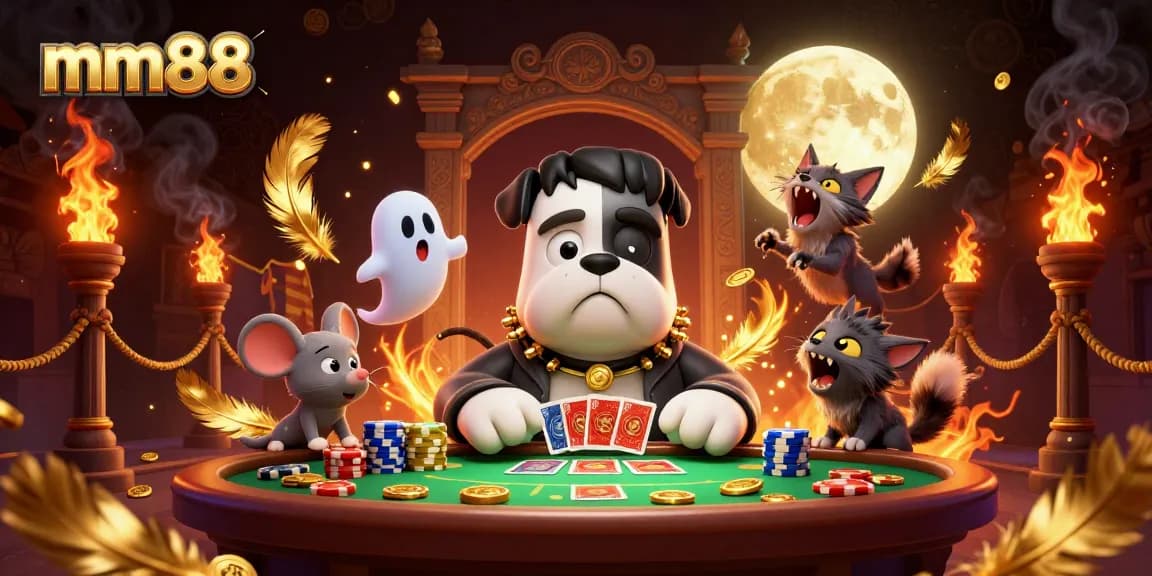 Join the action at mm88 with a bulldog dealer and a playful ghost mouse at a vibrant casino!