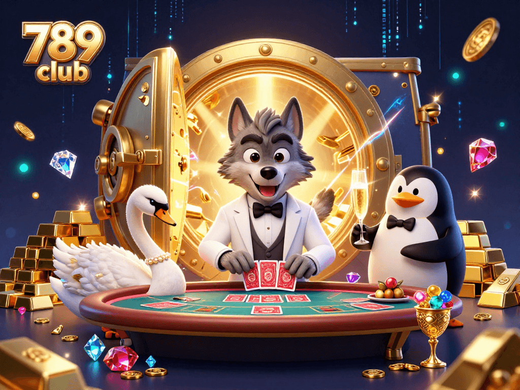 Engage with 789 club's vibrant casino scene showcasing a debonair wolf, elegant swan, and sophisticated penguin amidst treasures.
