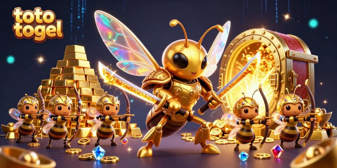 Engage with thrilling toto togel gameplay illustrated by a golden hornet in an adventurous scene.