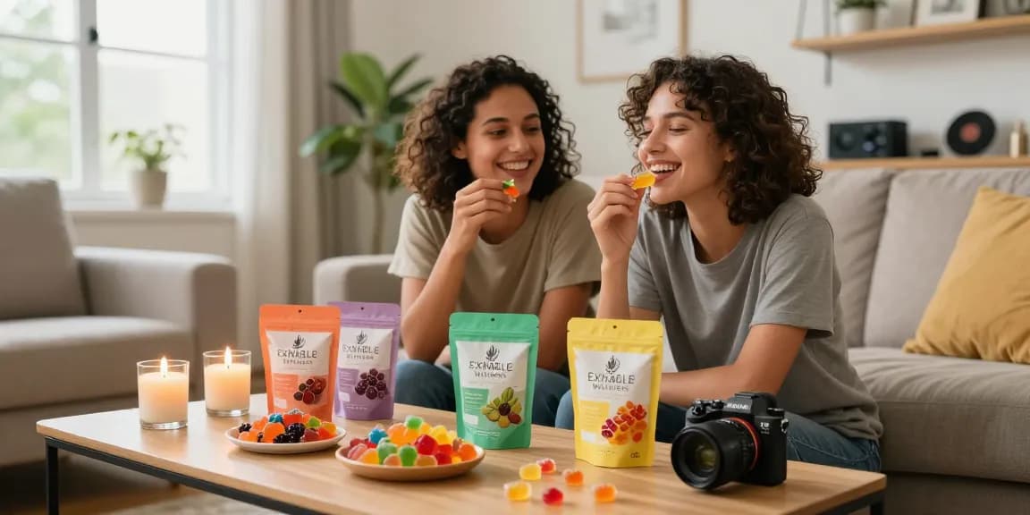 Couple enjoying top-rated THC gummies in a cozy living room setting, depicting relaxation and flavor diversity.