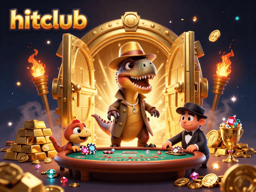 Engage with hitclub featuring a velociraptor card counter and stegosaurus pit boss at a blackjack table.