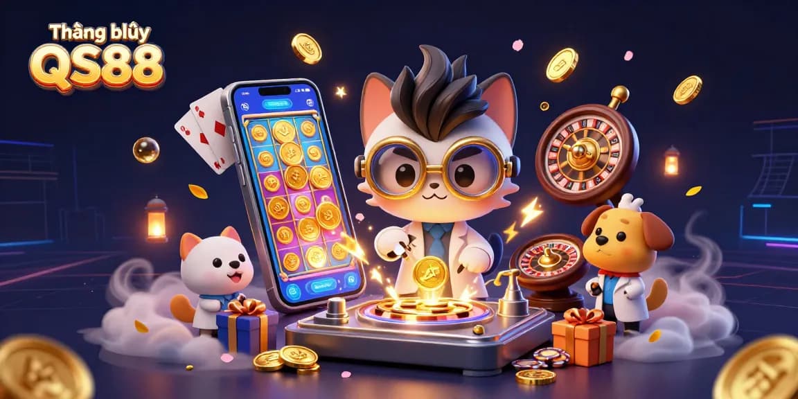 Engaging gameplay at Thương hiệu QS88 with immersive slots, golden coins, and vibrant casino elements