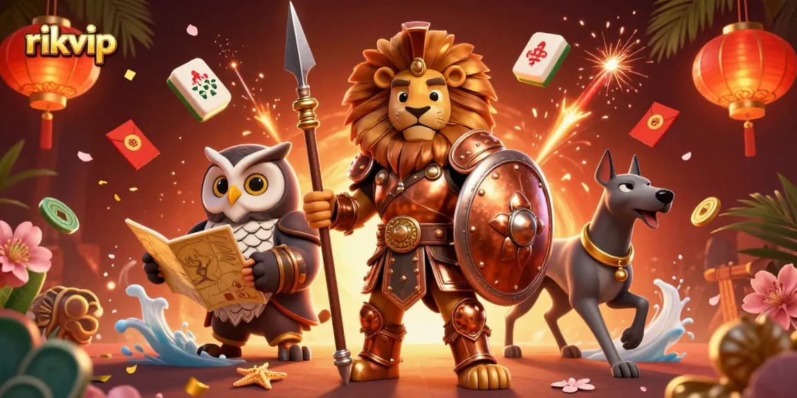 Engage in thrilling gameplay with rikvip featuring vibrant 3D illustration of a Spartan lion, tactical owl, and swift greyhound.