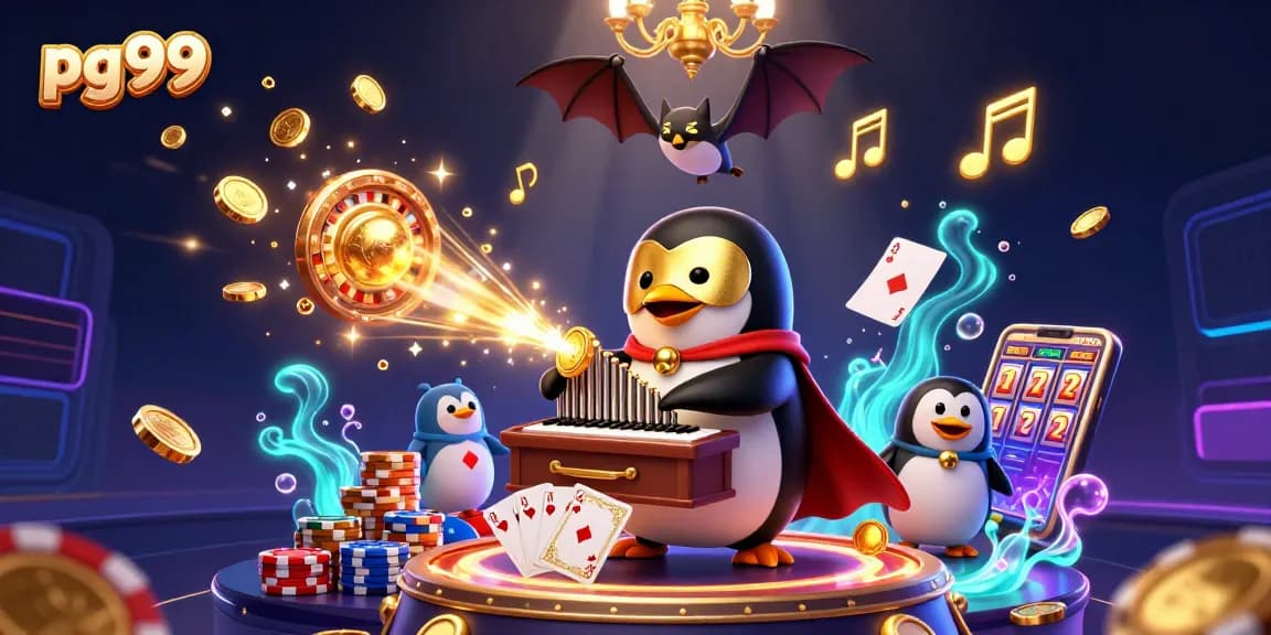 Engage with pg99 in a vibrant casino realm filled with golden coins and animated characters.