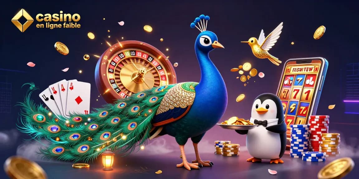 Utilisez le casino en ligne fiable avec un paon, un pingouin et un colibri sous une pluie de pièces d'or.
