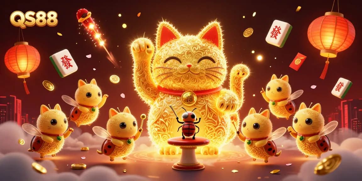 Experience winning moments at QS88's vibrant online casino with a lucky cat and festive symbols.