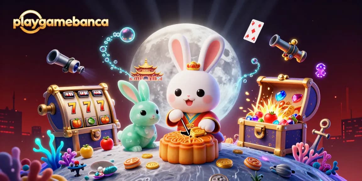 Playgamebanca features a vibrant 3D scene with playful characters and casino elements.
