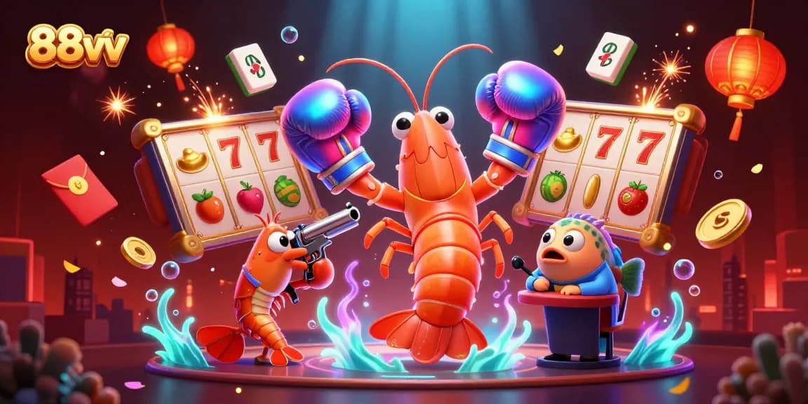 Engage with the vibrant 88vv casino ambiance featuring a dynamic scene highlighting slot reels, shrimp characters, and festive elements.