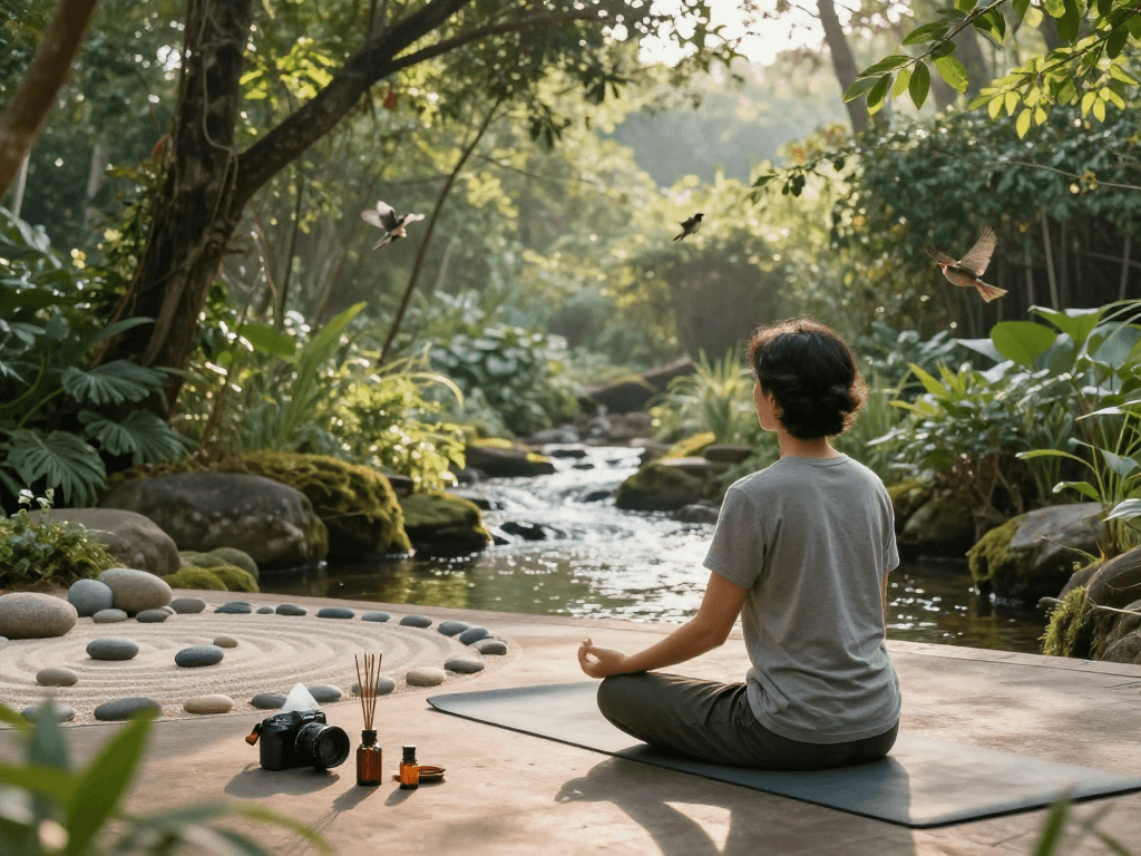 Experience mantra88 meditation in a tranquil nature scene, promoting mindfulness and wellness