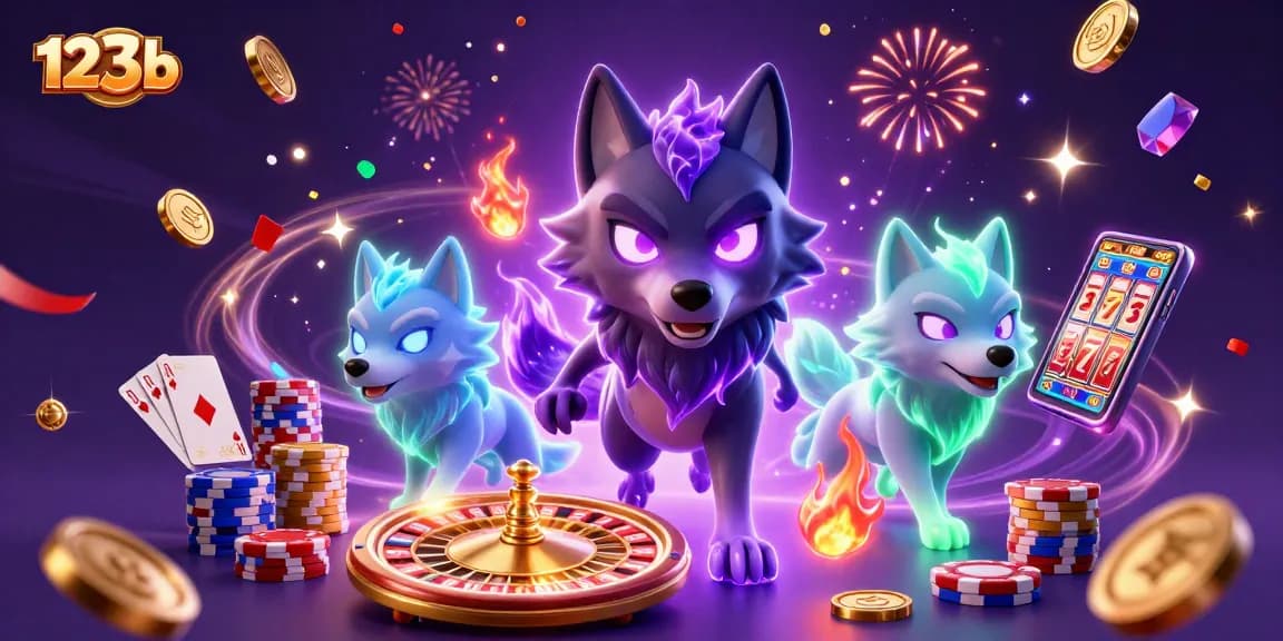 Engage with 123b's thrilling 3D fantasy casino scene featuring wolf characters, coins, and games.