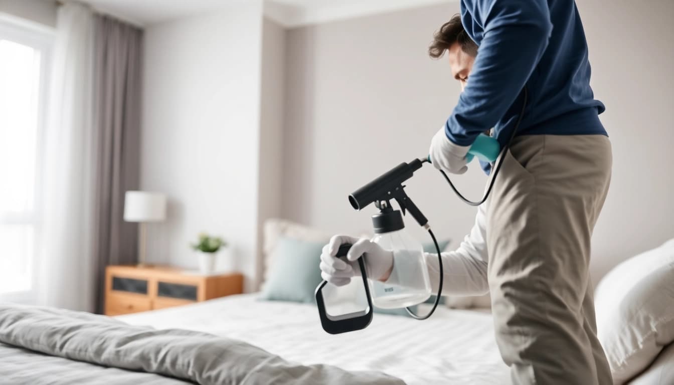Performing effective bed bug removal with professional pest control techniques in a modern bedroom.