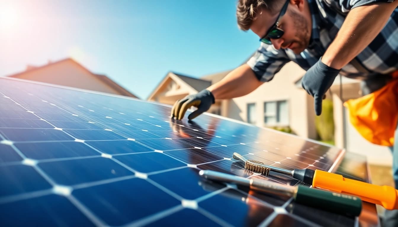 Technician engaged in solar panel repair highlighting tools and safety in a bright outdoor setting.