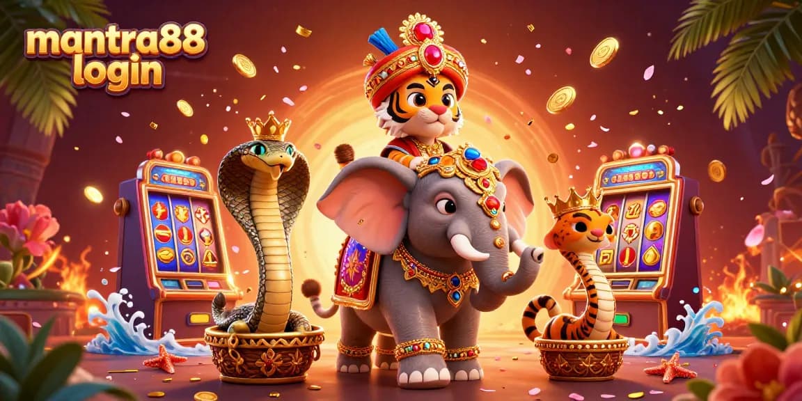 Join the adventure of mantra88 login with a vibrant 3D casino scene featuring a royal tiger, elephant, and rich gaming symbols.