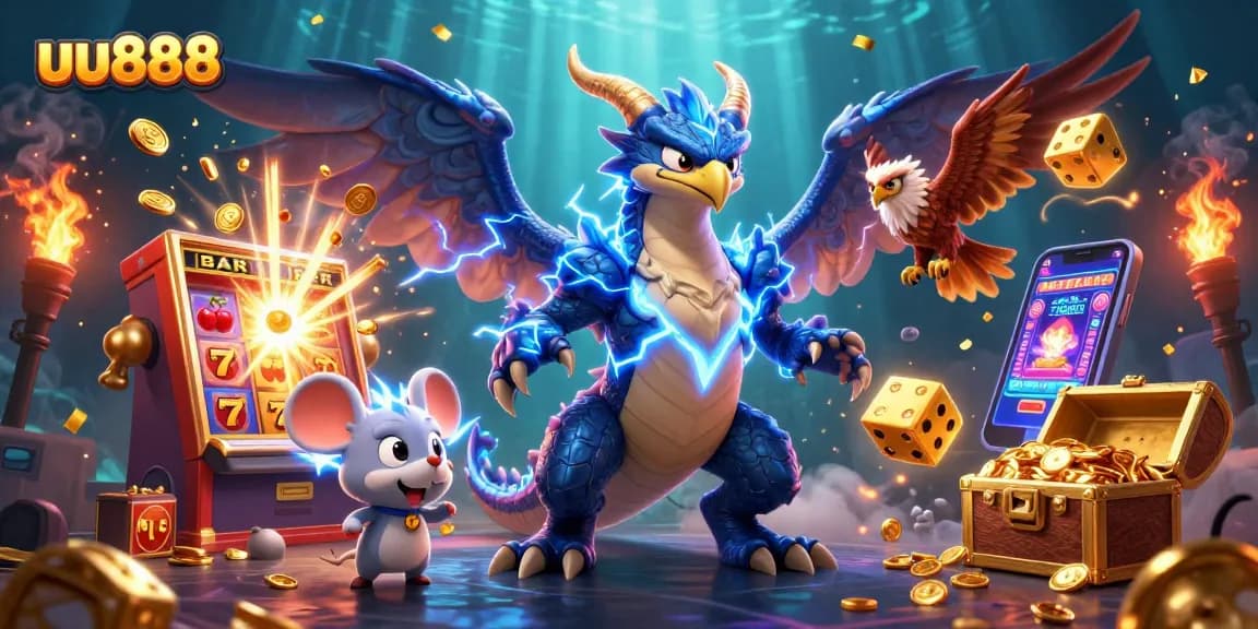 Experience the electrifying world of uu888 with dynamic 3D characters, slot machines, and casino elements.