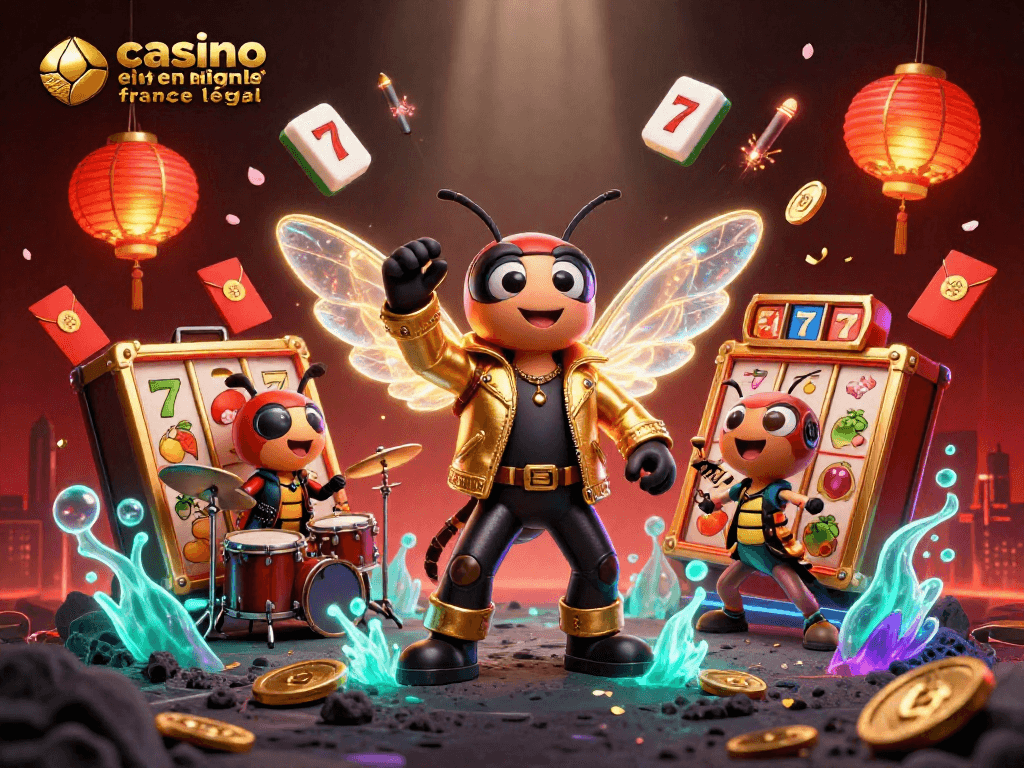 Scène vibrante de casino en ligne légal en France avec une rock star et des éléments colorés.