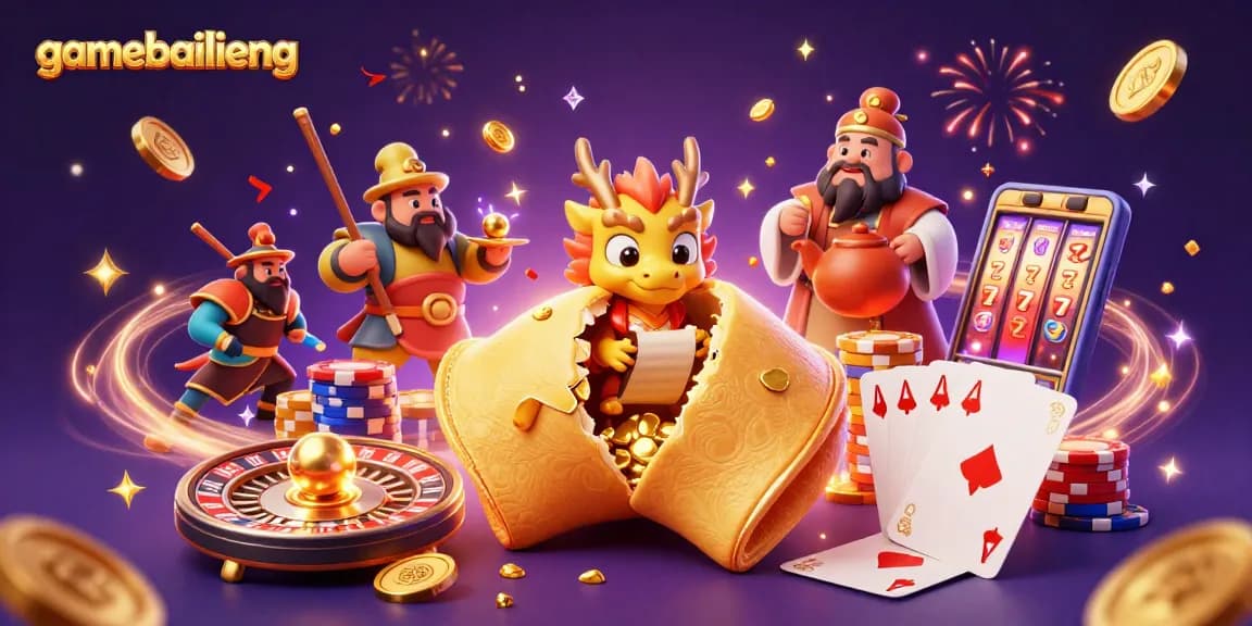 Engage with gamebailieng's enchanting fortune cookie scene filled with casino excitement and golden rewards.