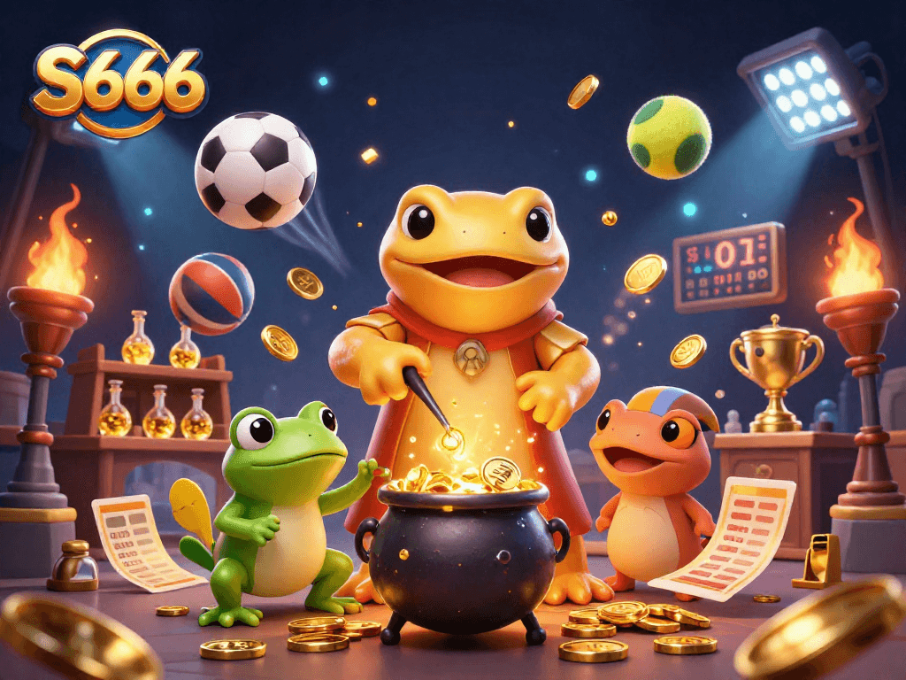 S666 enchants players with golden coins and dynamic gaming elements in a vibrant casino scene.
