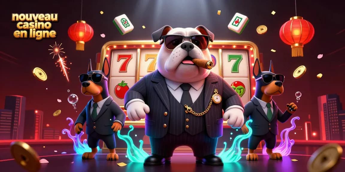 Illustration dynamique pour un nouveau casino en ligne avec un bulldog mafieux et des éléments de jeu captivants.