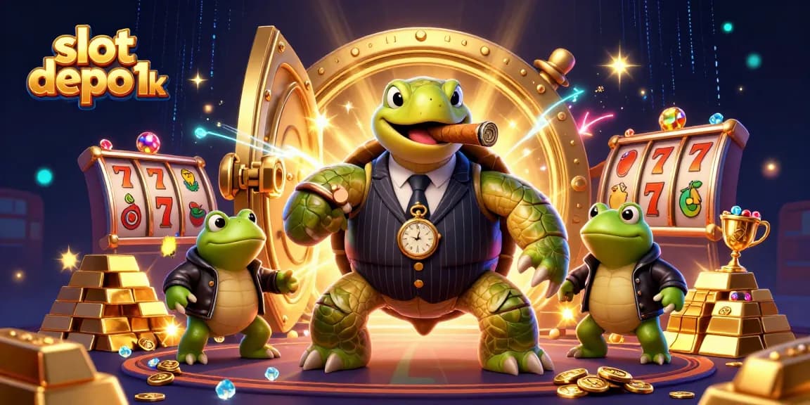 Mainkan slot depo 1k dengan karakter lucu seperti kura-kura dan katak di dalam ilustrasi kasino yang berkilau.