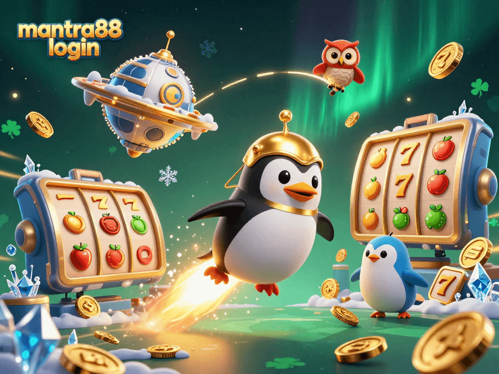 Experience excitement with mantra88 login amidst glittering casino elements and a rocket-powered penguin.