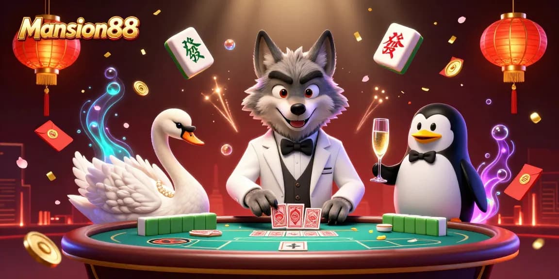 Mansion88 showcases an exhilarating baccarat scene with a debonair wolf, elegant swan, and penguin sommelier.