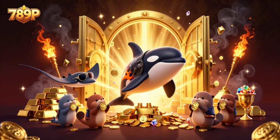 Experience thrilling gameplay at 789P with sea creatures and golden treasures in a casino-themed digital illustration.