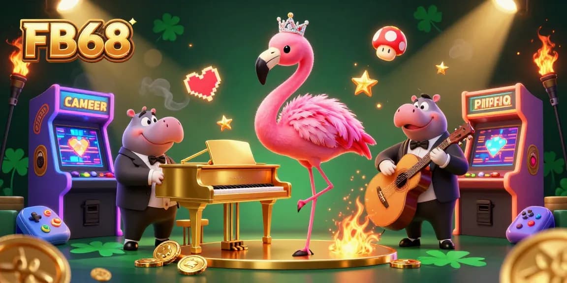 Experience the exciting gaming world of FB68 with a lively casino scene featuring colorful characters and arcade game elements.