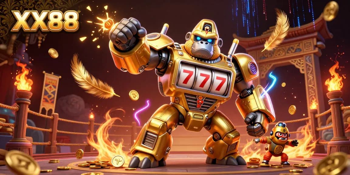 Experience gaming excitement with XX88 and a dynamic golden gorilla mech bursting with coins.