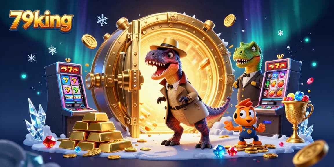 79king showcases a velociraptor card counter at a slot machine with an eye-catching background full of treasures.