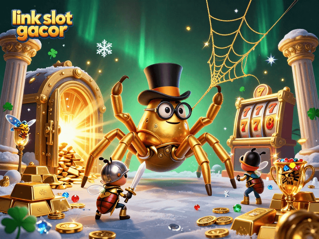 Engage in the action of link slot gacor with an animated scene of a golden tarantula and a beetle knight betting in a vibrant casino.