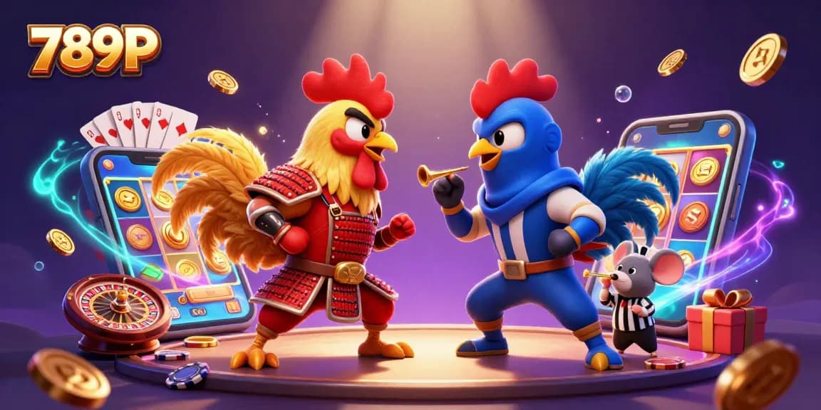 Experience thrilling action with 789P in this dynamic 3D illustration of fighting roosters, featuring casino elements.