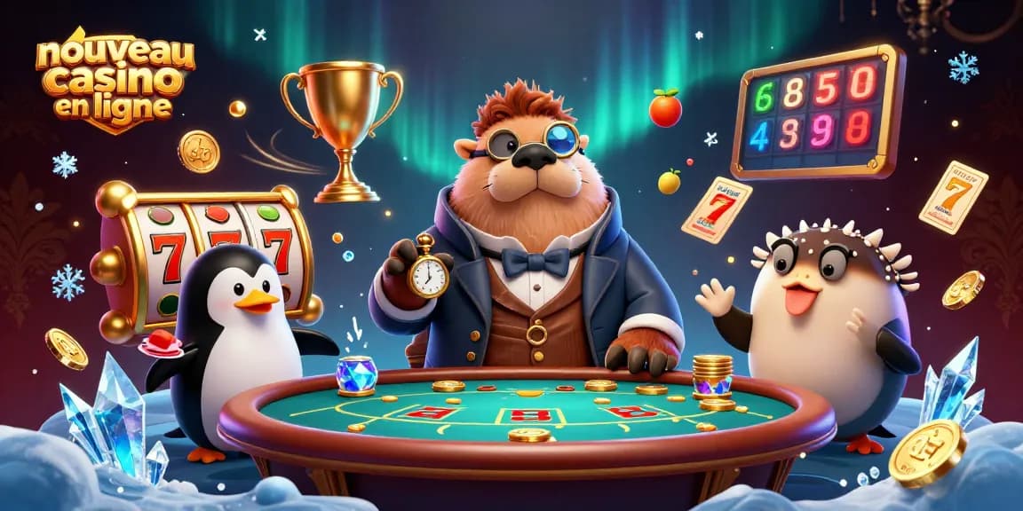 Découvrez le nouveau casino en ligne avec un phoque jovial jouant au poker et des éléments de machine à sous.