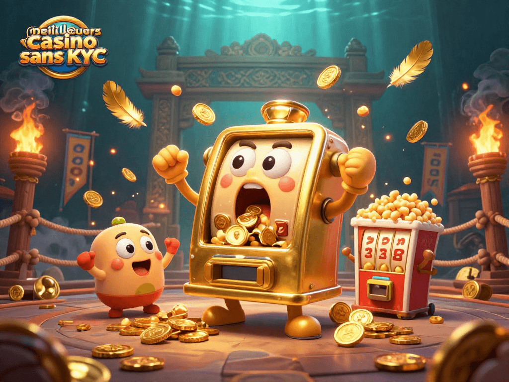 Déclenchement du jackpot sur les meilleurs casinos sans KYC avec une machine à sous en or, des jetons d'or et des engrenages vibrant d'énergie.