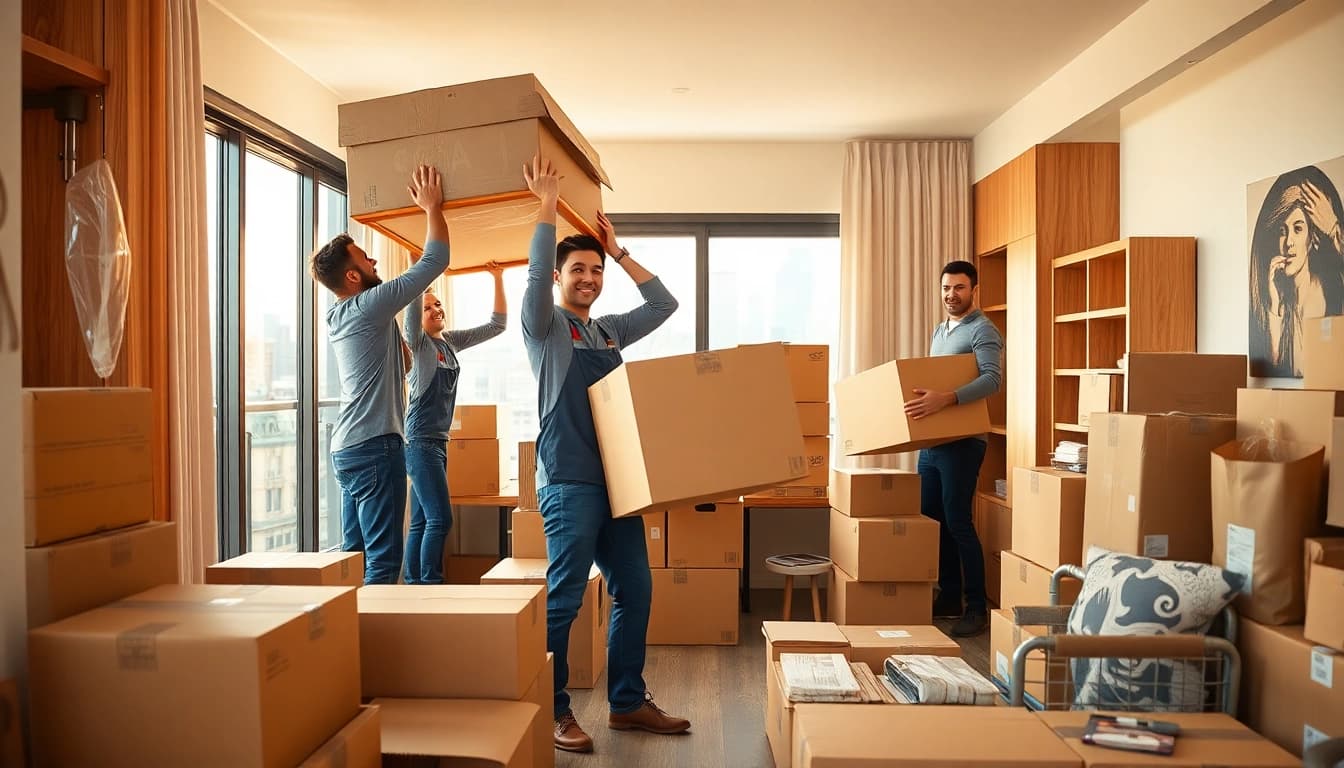 Movers expertly providing moving services manhattan with care while packing an apartment.